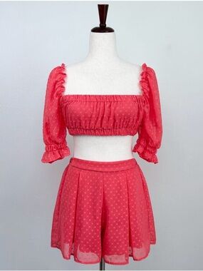 Lucy In The Sky Coral Clip-Dot Chiffon Summer Crop Top Shorts Two-Piece Set